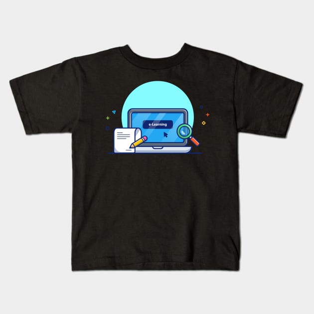 Laptop, Magnifying Glass, Paper And Pencil Cartoon Kids T-Shirt by Catalyst Labs